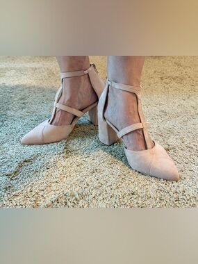 Pointed T-Strap Block Heels in Blush Suede